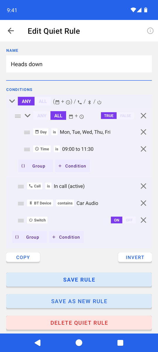 Quiet rules for focus time, calls and driving