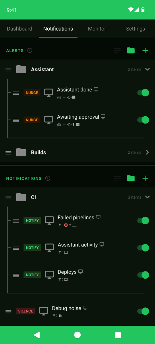 Nudges and alerts, sorted into folders